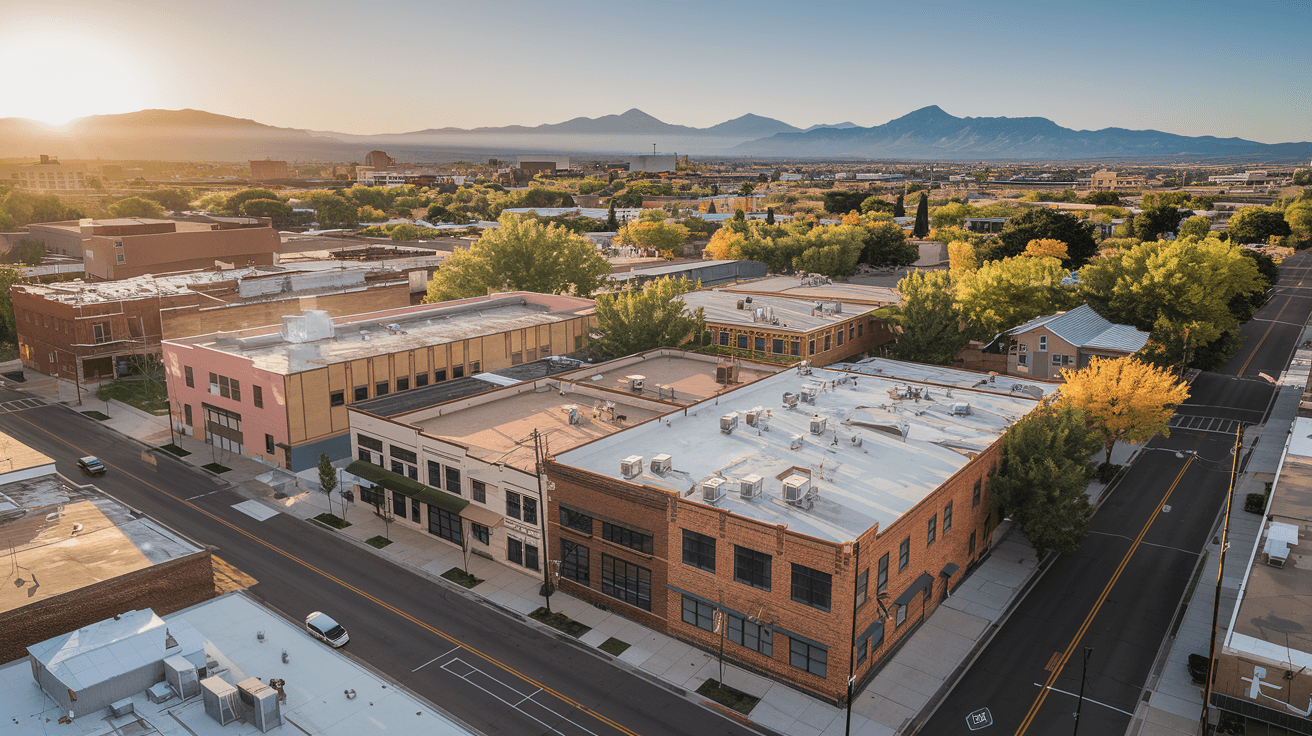Aerial view of the East Downtown EDo neighborhood in Albuquerque, showing the mix of converted brick warehouse buildings, tree-lined streets, and the Sandia Mountains in the background at golden hour