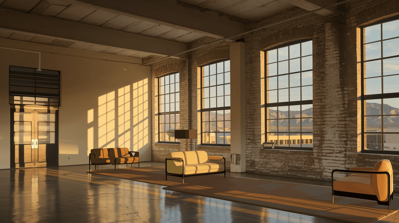 Sunlit loft interior in a converted downtown Albuquerque warehouse building, exposed brick walls and tall industrial windows with views toward the Sandia Mountains