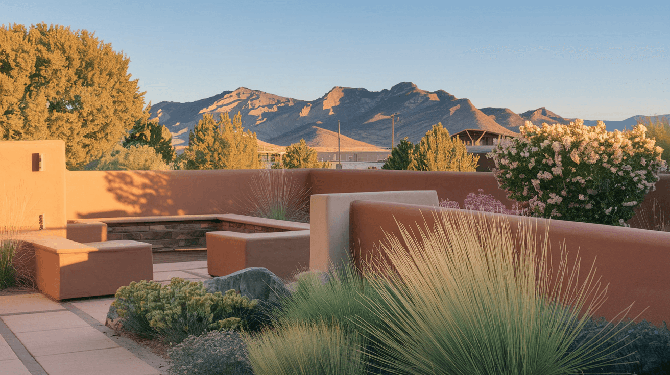 A sun-drenched backyard patio of a Four Hills Albuquerque home with a territorial-style adobe wall, desert garden landscaping, and a clear view of the Sandia Mountains in the late afternoon light