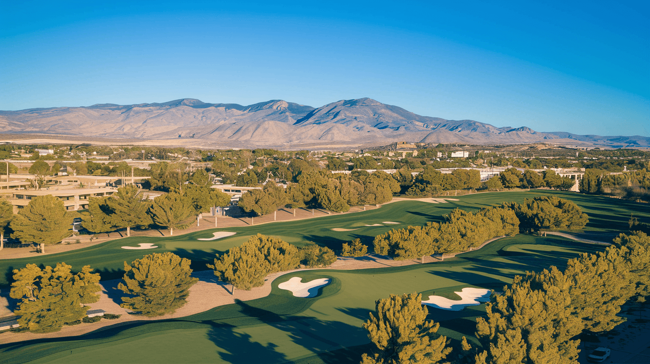 Aerial view of Four Hills Albuquerque neighborhood with golf course fairways, mature trees, and the Sandia Mountains rising in the background under a clear blue New Mexico sky