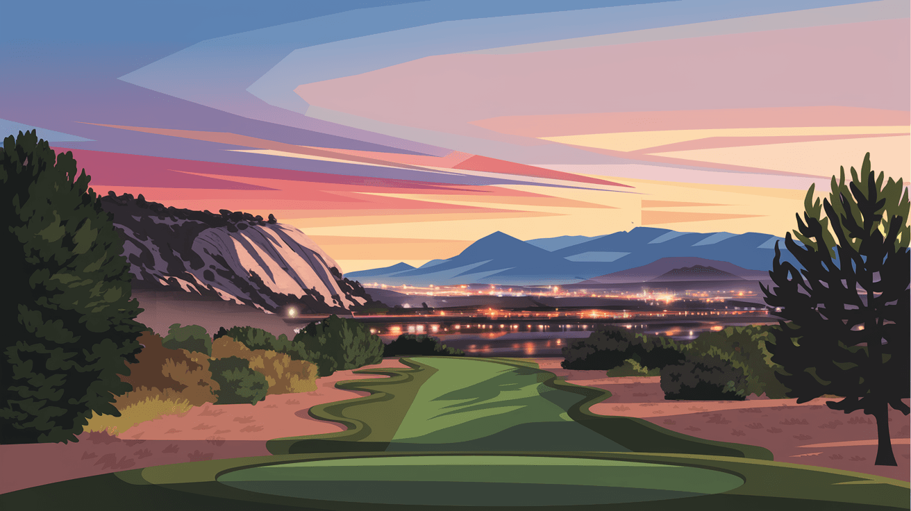 View from a Four Hills backyard at dusk showing the Four Hills Golf Course fairway, city lights beginning to glow in the valley below, and the last light of sunset reflecting off the Sandia Mountains