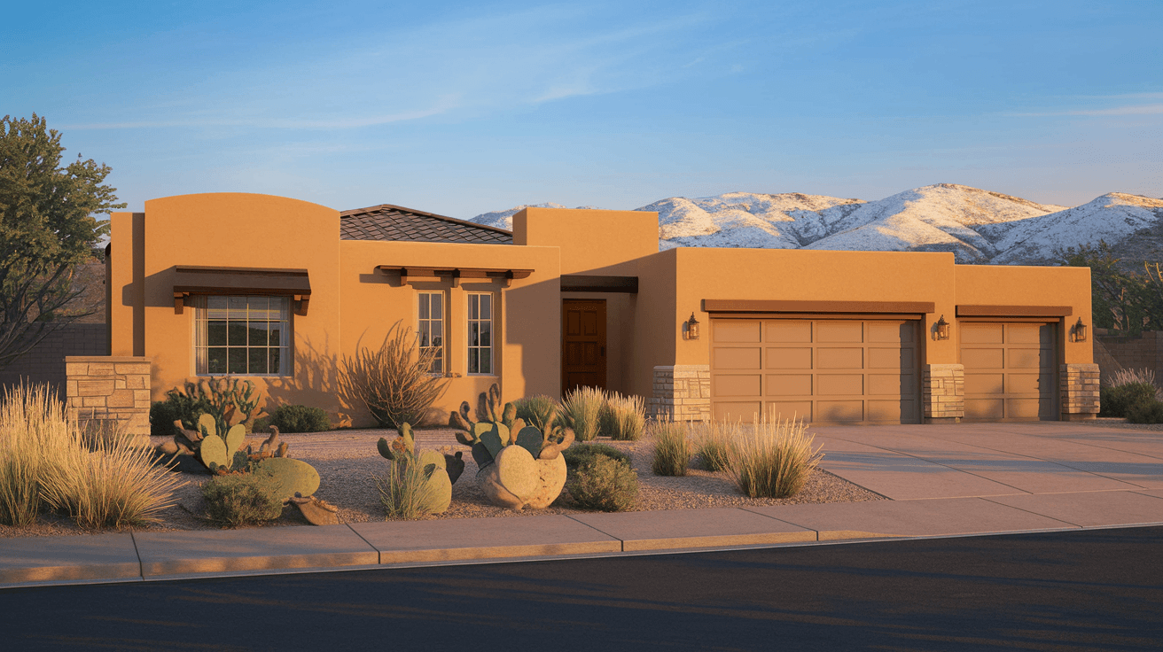 A well-maintained Four Hills home with a two-car garage, desert landscaping with native plants, and a partial view of the Sandia Mountains visible above the roofline in warm afternoon light