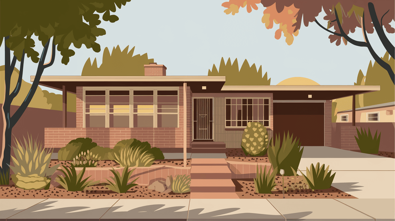 A beautifully renovated 1950s mid-century ranch home in Nob Hill Albuquerque with original brick exterior, updated landscaping with native plants, and a covered front portal