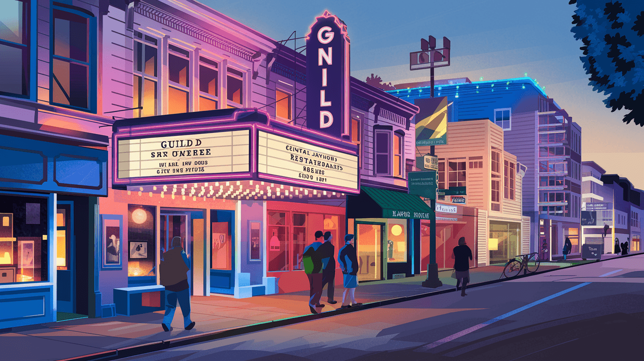 The Central Avenue commercial corridor in Nob Hill at dusk, showing neon-lit storefronts, the Guild Cinema marquee, and pedestrians walking past independent shops and restaurants
