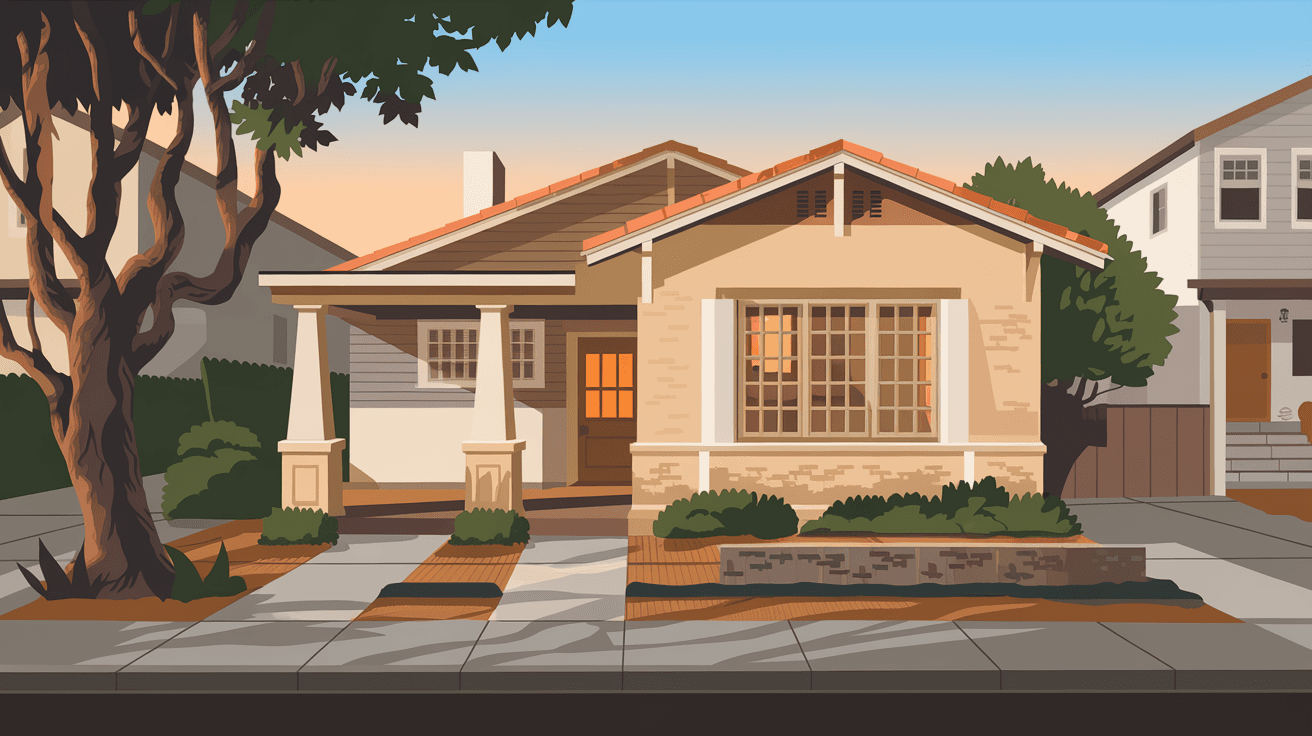 A restored 1940s Mission Revival bungalow on a quiet residential street in Nob Hill, with a covered front portal, mature desert landscaping, and warm afternoon sun on the stucco facade