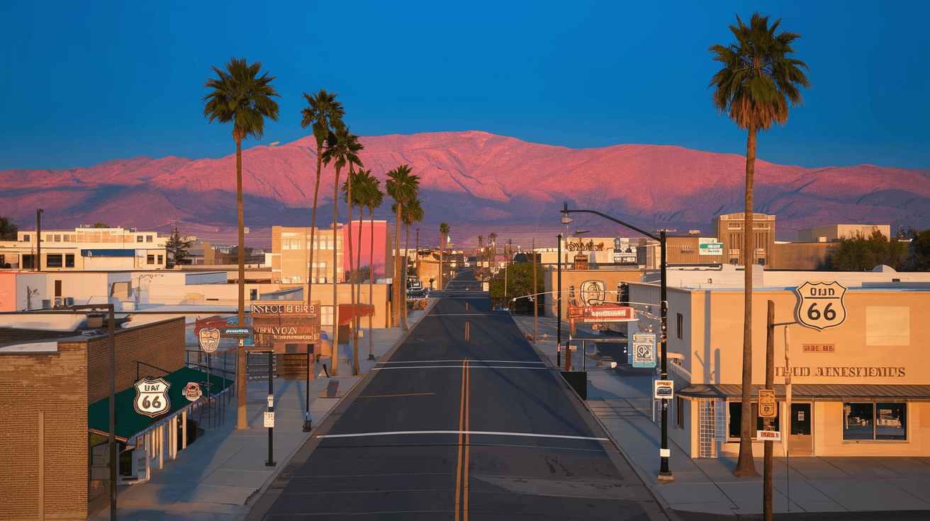 Aerial view looking west along Central Avenue through the Nob Hill district at golden hour, showing the historic commercial corridor, Route 66 neon signage, and the Sandia Mountains glowing pink in the background