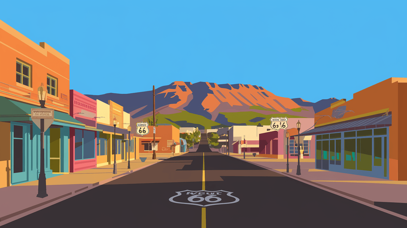 Sunlit Central Avenue in Nob Hill Albuquerque showing vintage Route 66 architecture, colorful storefronts, and the Sandia Mountains visible in the distance under a wide blue New Mexico sky