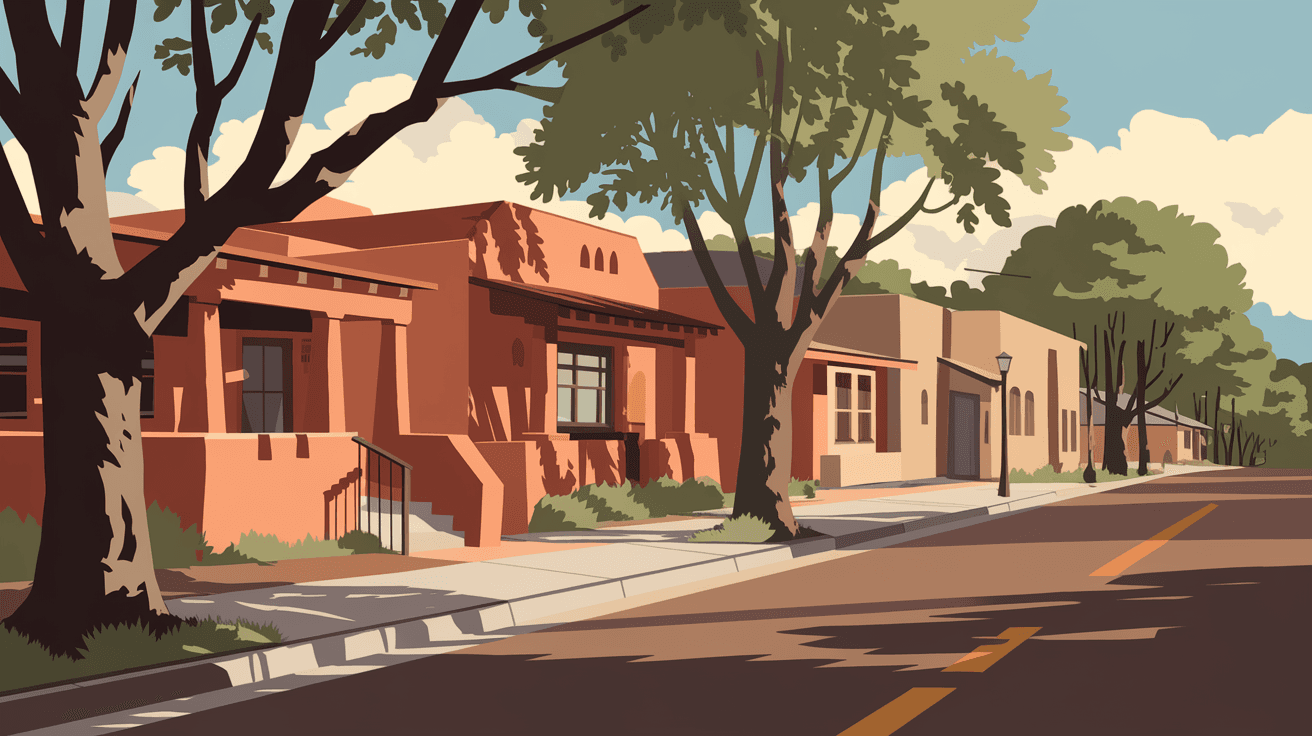 A quiet residential street in Nob Hill Albuquerque lined with mature cottonwood trees and 1940s pueblo revival bungalows in warm afternoon light