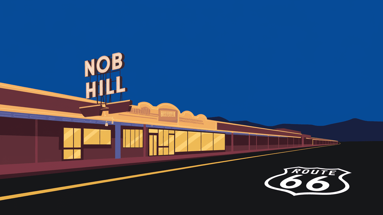 The Nob Hill Shopping Center on Central Avenue at dusk, with its illuminated 1940s Streamline Moderne sign glowing against a deep blue New Mexico sky, Route 66 stretching into the distance