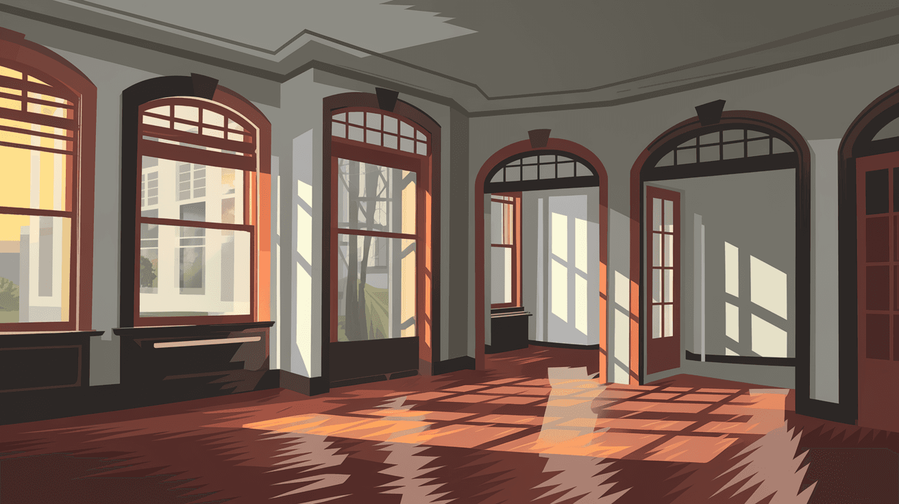 A sun-filled living room inside a 1940s Nob Hill Craftsman bungalow, with original hardwood floors, arched doorways, and warm afternoon light coming through wood-framed windows