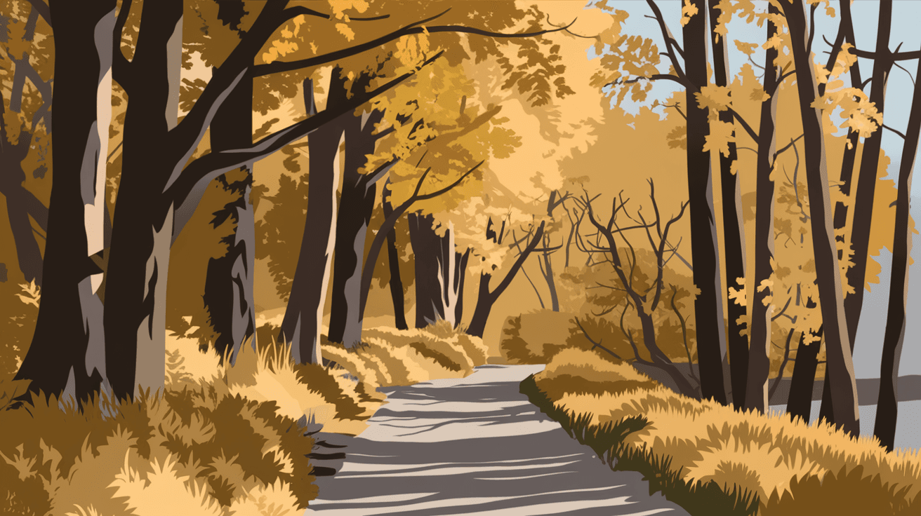 The Paseo del Bosque trail winding through a golden cottonwood forest along the Rio Grande in autumn, with dappled light filtering through the canopy onto a packed gravel path