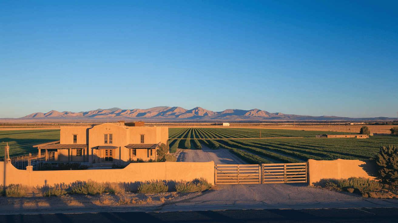 A wide-angle view of a North Valley agricultural property with irrigated fields, a historic territorial-style adobe main house, a wooden gate, and the Sandia Mountains visible to the east under a wide New Mexico sky