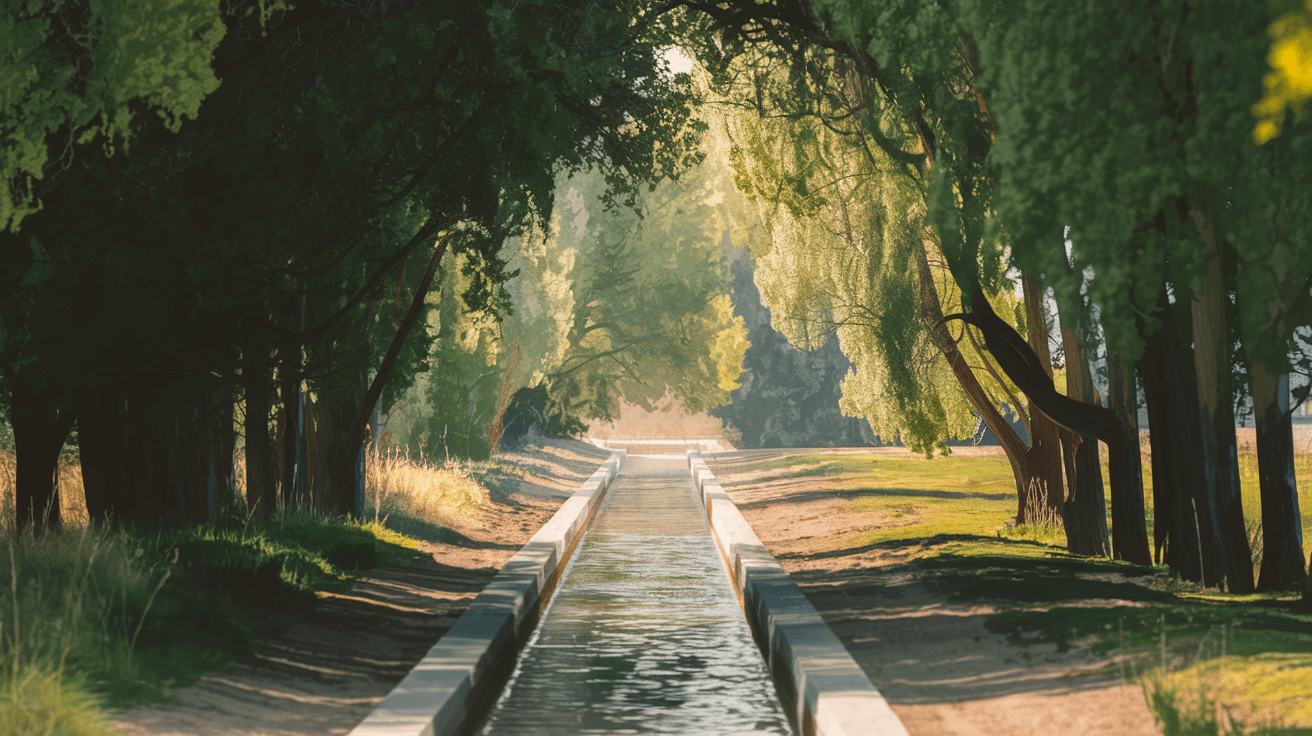 A sunlit acequia irrigation channel running alongside a dirt path in North Valley Albuquerque, bordered by tall cottonwood trees with dappled light filtering through the canopy