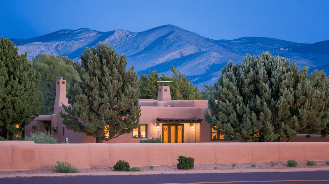 A wide-angle view of a traditional New Mexico adobe home in North Valley Albuquerque, surrounded by mature cottonwood trees and a low adobe wall, with the Sandia Mountains visible in the background under a deep blue sky