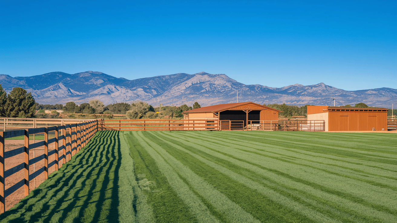 A well-maintained horse property in the North Valley with a wooden fence, small barn, green irrigated pasture, and the Sandia Mountains visible in the background under a clear blue sky