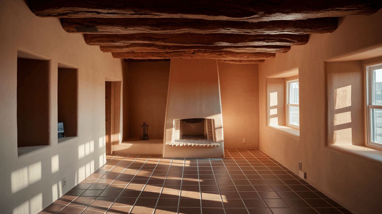 The interior of a renovated North Valley adobe home showing exposed vigas, traditional Saltillo tile floors, and a kiva fireplace with afternoon light coming through deep-set windows