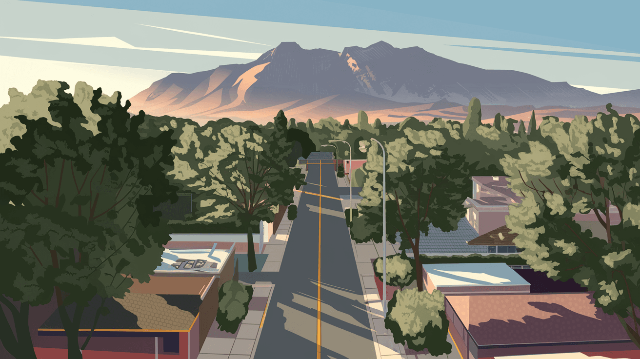 Aerial view of Northeast Heights Albuquerque neighborhood streets with the Sandia Mountains rising dramatically in the background, late afternoon golden light, mature trees lining the blocks, residential rooftops visible below