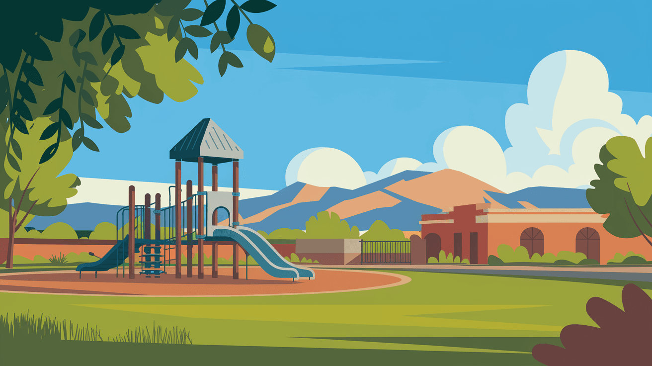 Children's playground equipment in a well-maintained Northeast Heights Albuquerque neighborhood park, Sandia Mountains visible in the distance, blue New Mexico sky overhead, lush green grass in foreground