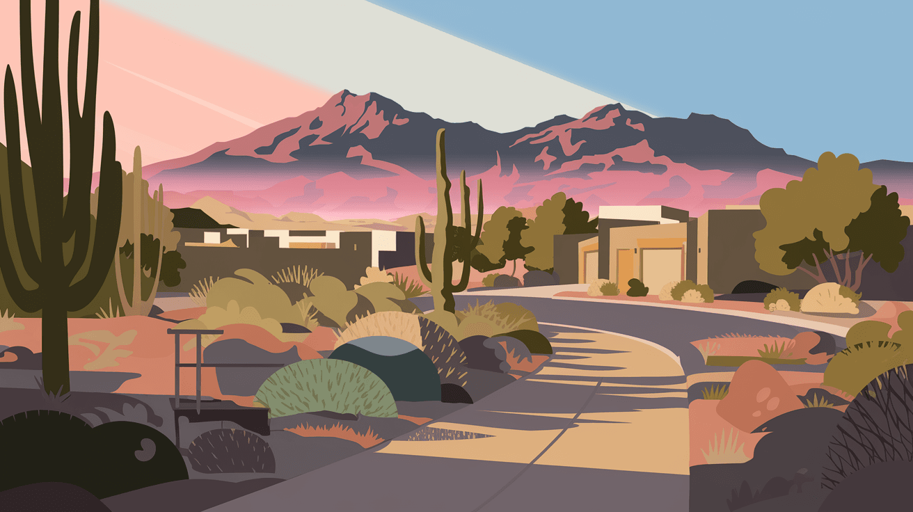 A Rio Rancho, New Mexico neighborhood trail winding through desert scrub with the Sandia Mountains glowing pink at sunset visible in the background and a quiet cul-de-sac of homes to one side