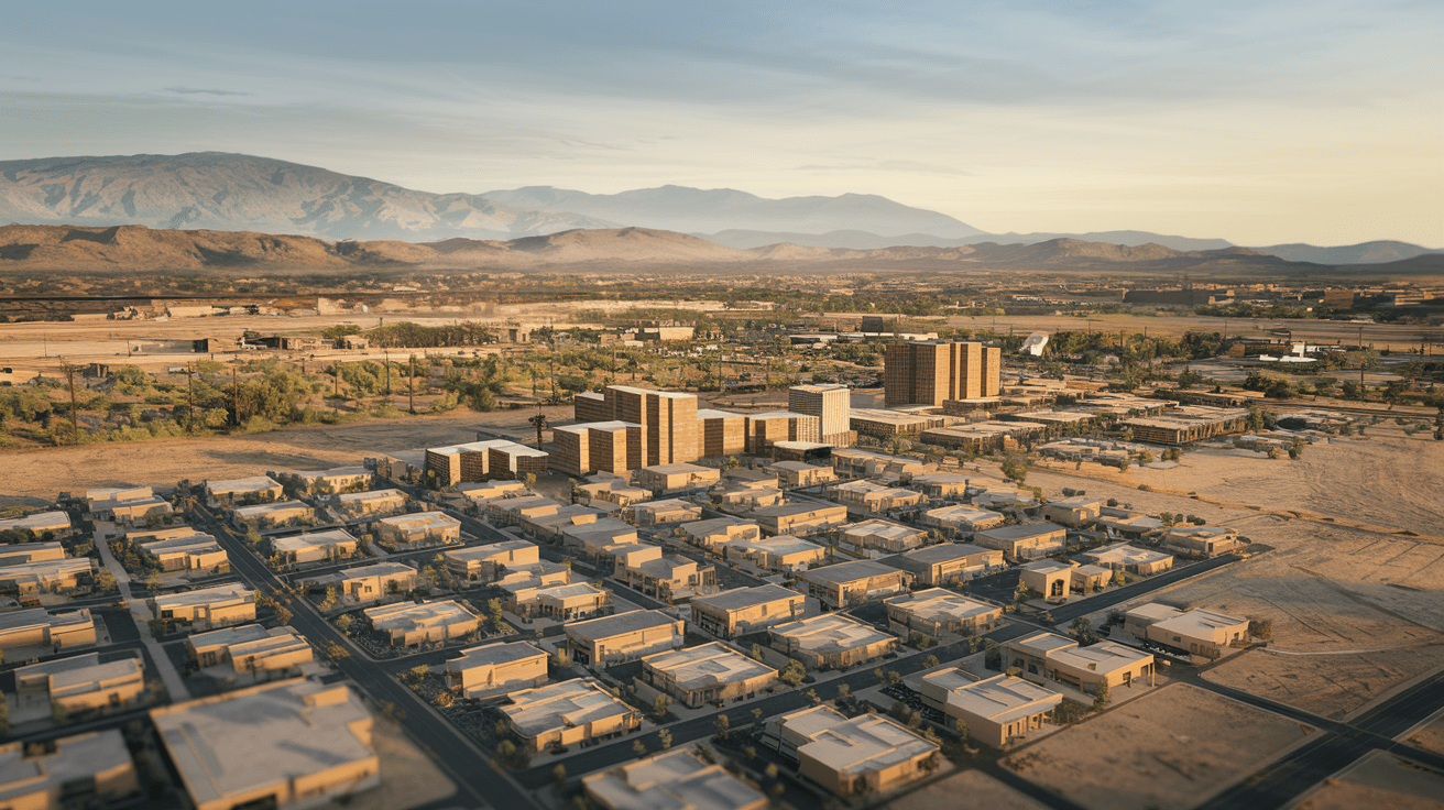 Aerial view of the Rio Rancho, New Mexico cityscape at golden hour with the Sandia Mountains visible to the east and new residential subdivisions spreading across the high desert plateau