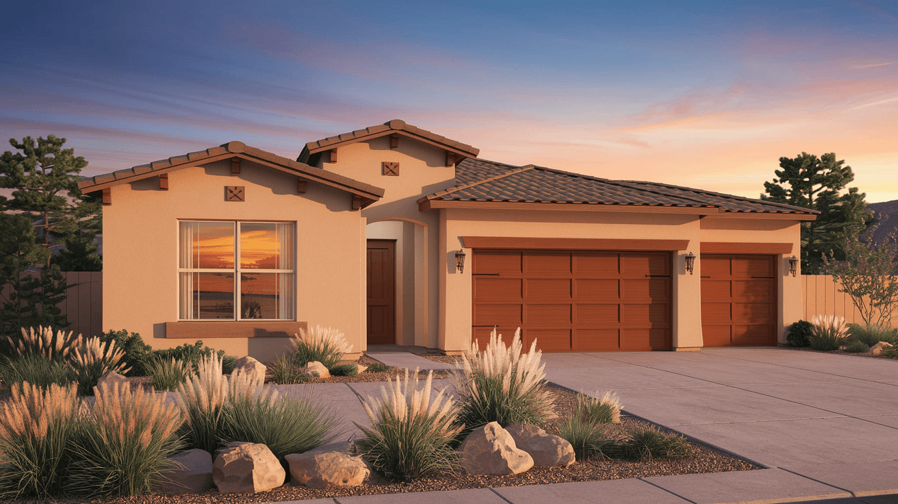 A newly built single-family home in a Rio Rancho, New Mexico master-planned community with a two-car garage, desert landscaping, and a warm sunset sky reflecting off the windows