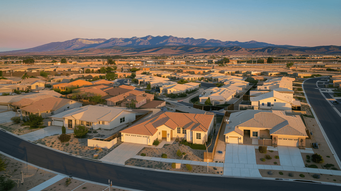 Wide aerial view of Rio Rancho's West Mesa master-planned neighborhoods at golden hour, with the Sandia Mountains visible in the background and rows of newer single-family homes with tile roofs and desert landscaping