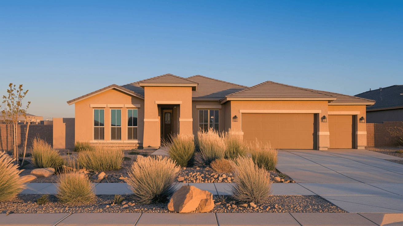 A newer single-family home in a Rio Rancho master-planned community with stucco exterior, two-car garage, xeriscaped front yard with ornamental grasses and river rock, and a clear blue New Mexico sky overhead