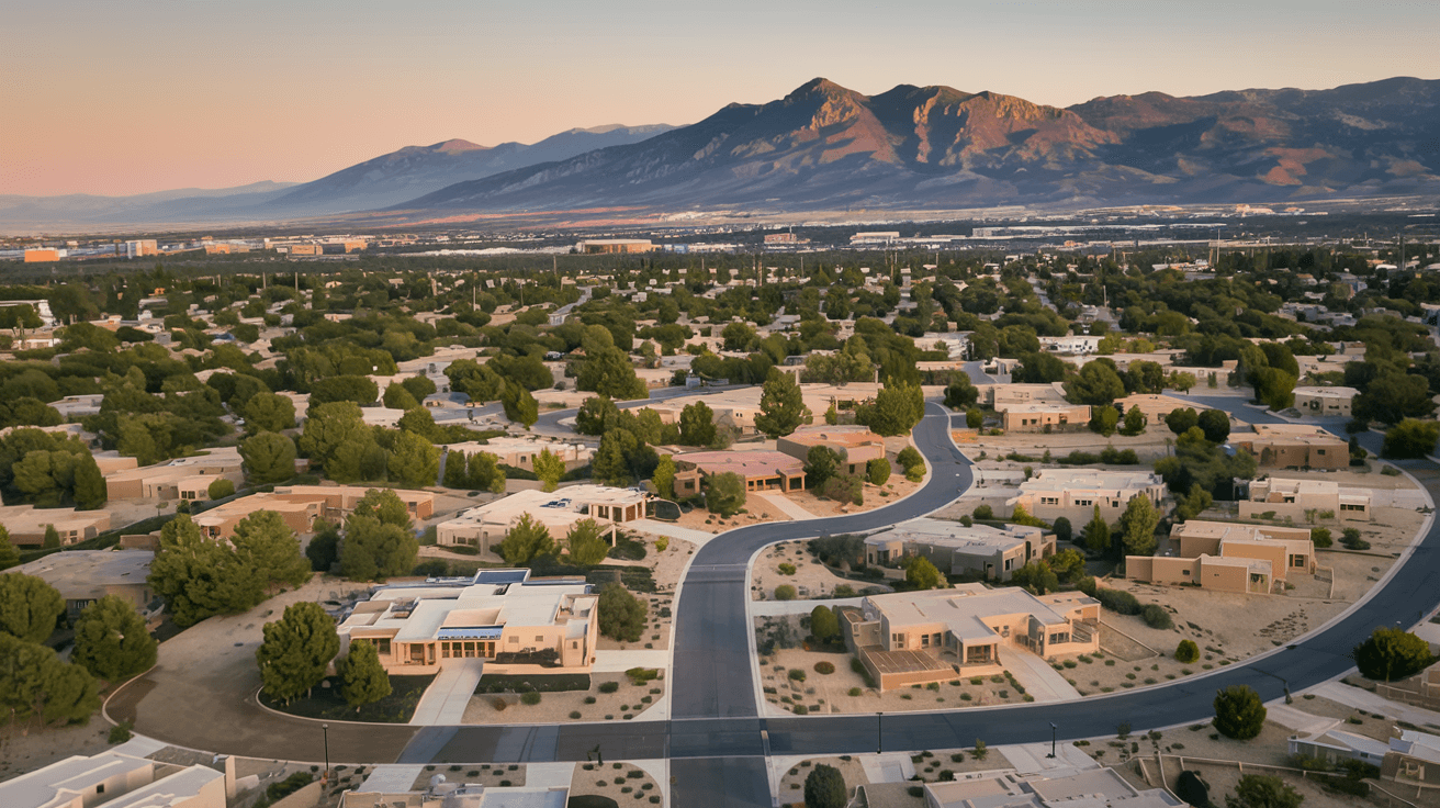 Aerial view of Sandia Heights neighborhood at golden hour, showing large wooded lots, curved streets, and the Sandia Mountains rising dramatically behind the homes with the city of Albuquerque visible in the valley below