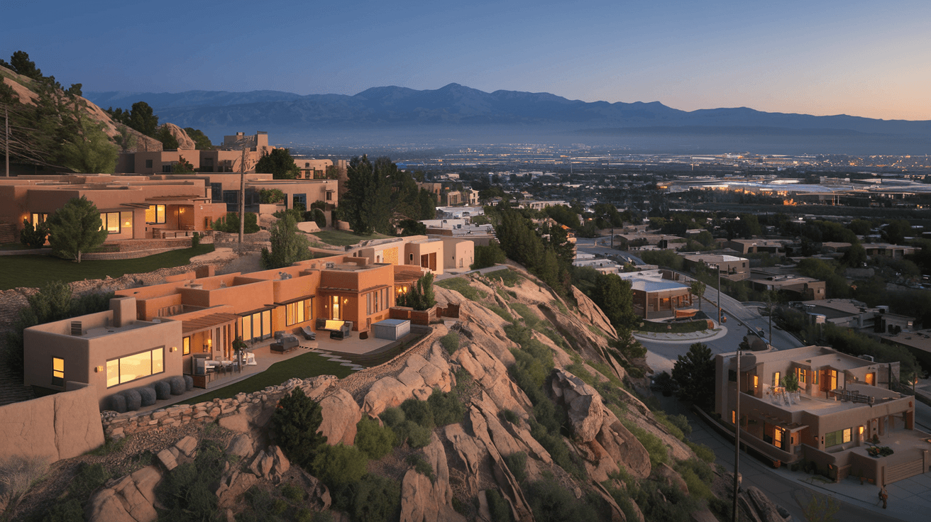 Aerial view of Sandia Heights neighborhood at dusk, custom adobe homes nestled along the rocky foothills of the Sandia Mountains with city lights beginning to glow in the valley below
