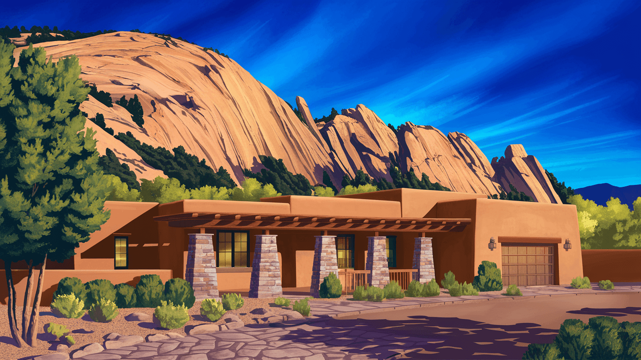 A custom territorial-style adobe home in Sandia Heights with a stone-paved portal, native plant landscaping, and the rocky Sandia Mountains rising steeply in the background under a vivid New Mexico blue sky