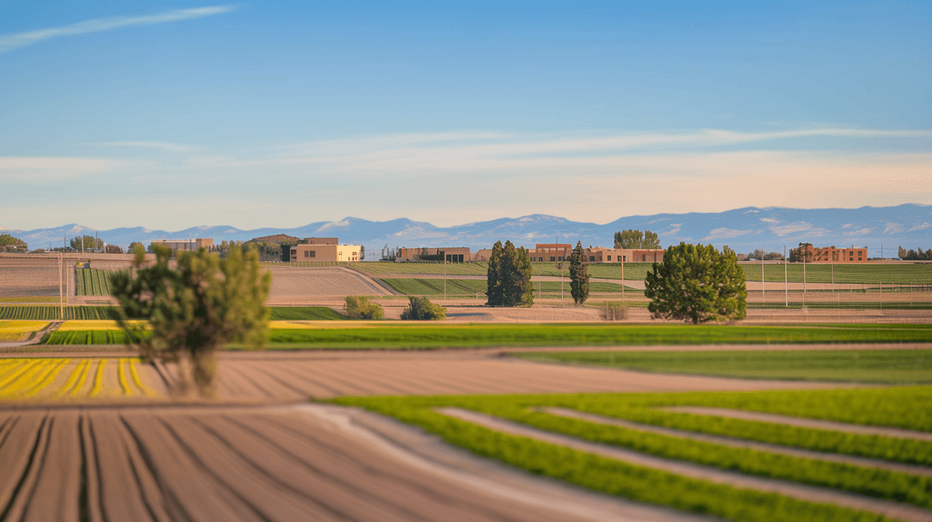 A traditional New Mexican adobe home in the South Valley with a large lot, mature trees, and the Sandia Mountains visible in the background under a clear blue sky