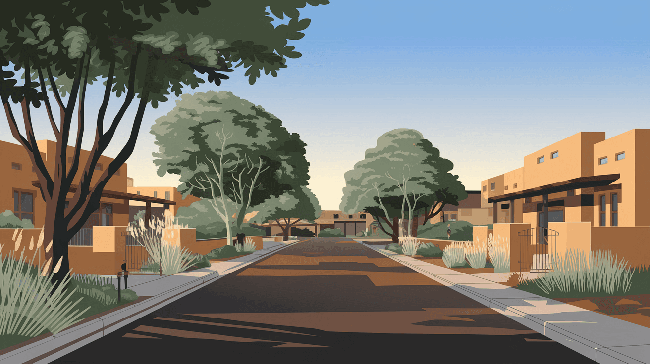 Tree-lined residential street inside Tanoan with wide sidewalks, mature landscaping, and pueblo revival homes catching warm afternoon light