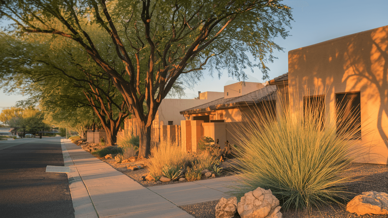 A quiet Taylor Ranch street with mature trees lining the sidewalk, stucco homes with xeriscaped front yards, and the late afternoon New Mexico sun casting long shadows