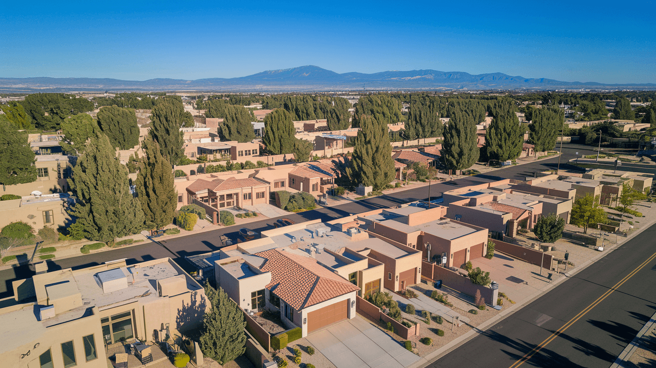 Aerial view of Taylor Ranch neighborhood in Albuquerque with stucco homes, tree-lined streets, and the Sandia Mountains visible in the distance under a clear blue sky