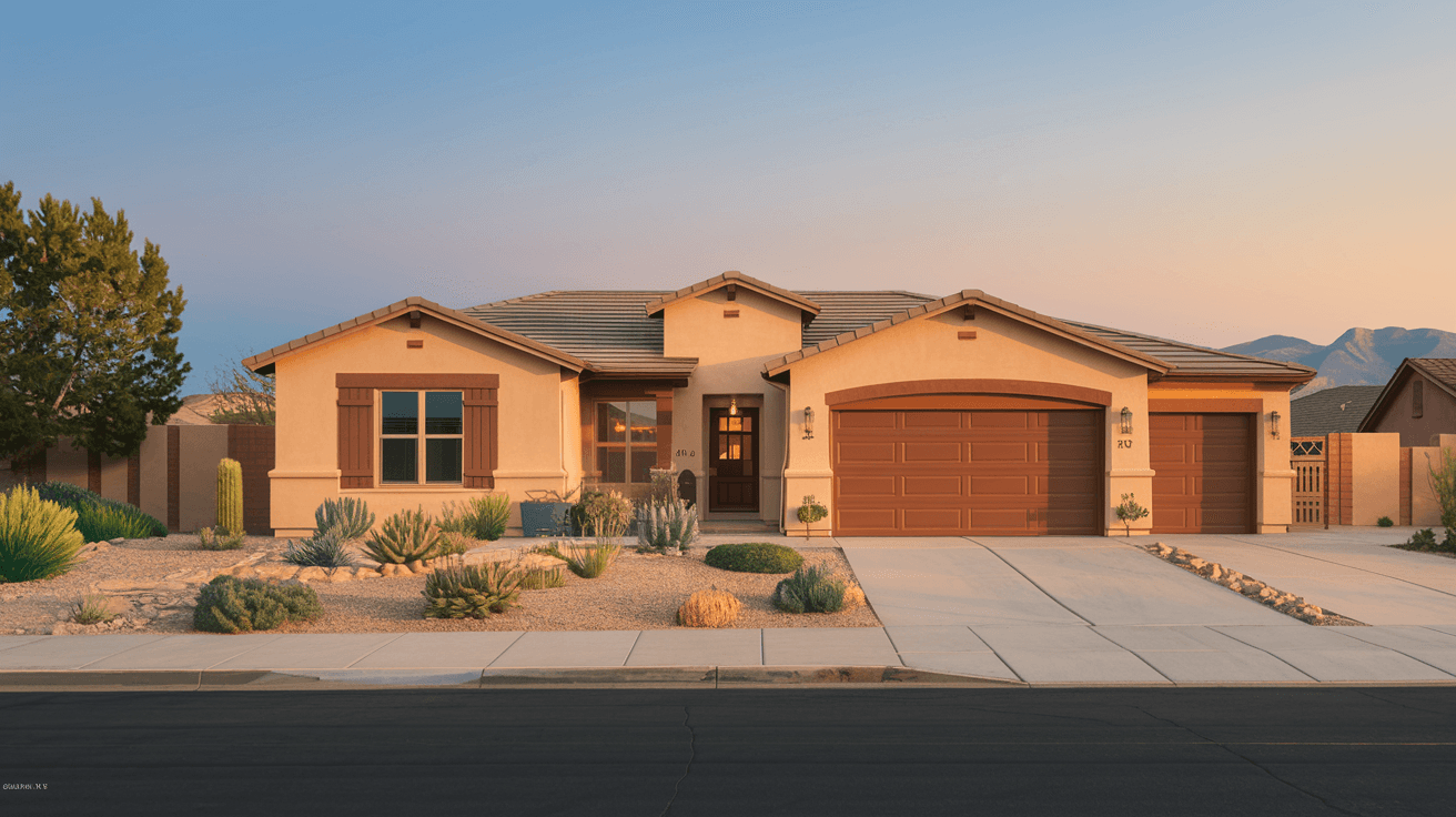 A well-maintained Taylor Ranch home with a two-car garage, xeriscaped front yard, and warm stucco exterior glowing in the golden hour light with the Sandia Mountains visible in the background