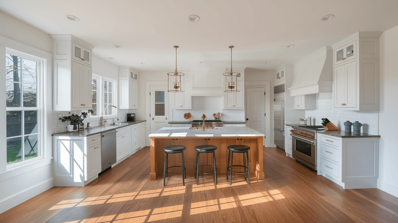 The interior of a renovated Taylor Ranch home showing an open-concept kitchen with quartz counters, stainless appliances, and warm natural light coming through west-facing windows