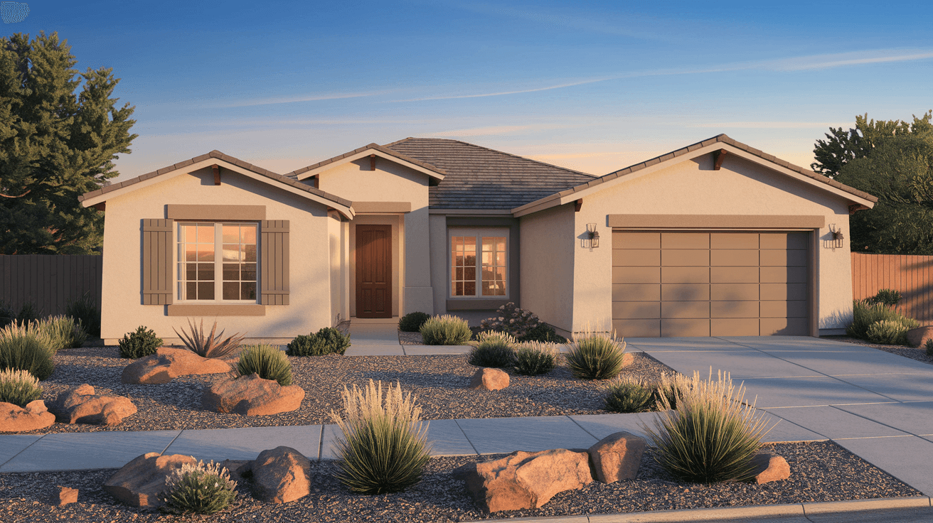 A well-maintained stucco home in Taylor Ranch with a two-car garage, desert landscaping, and late afternoon New Mexico light casting warm shadows across the front yard
