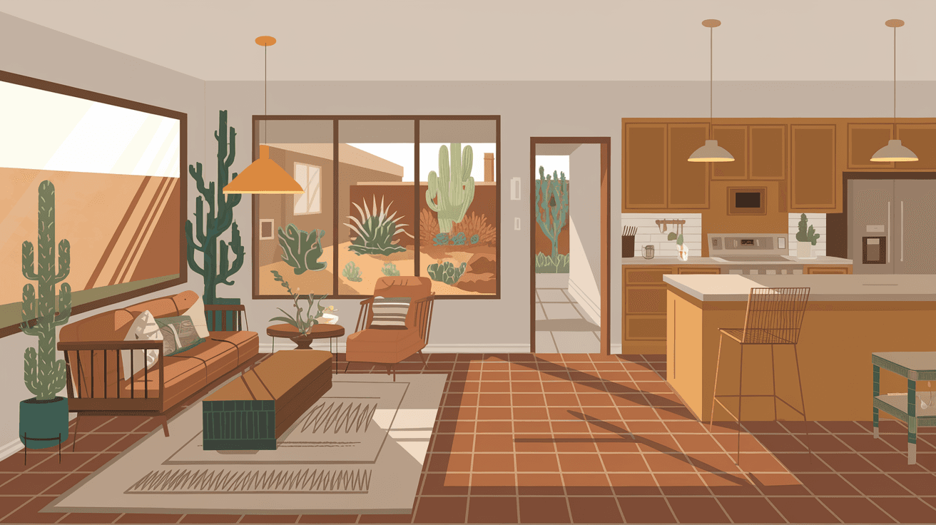 Interior of a well-updated 1990s Taylor Ranch Albuquerque home showing an open living and dining area with Saltillo tile floors, updated kitchen cabinetry, and a large window overlooking a xeriscaped backyard with desert plantings