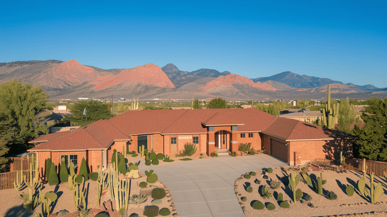 Wide-angle view of a well-maintained 1990s brick and stucco ranch-style home in Taylor Ranch Albuquerque, with mature desert landscaping, a two-car garage, and the Sandia Mountains visible in the background under a clear blue New Mexico sky