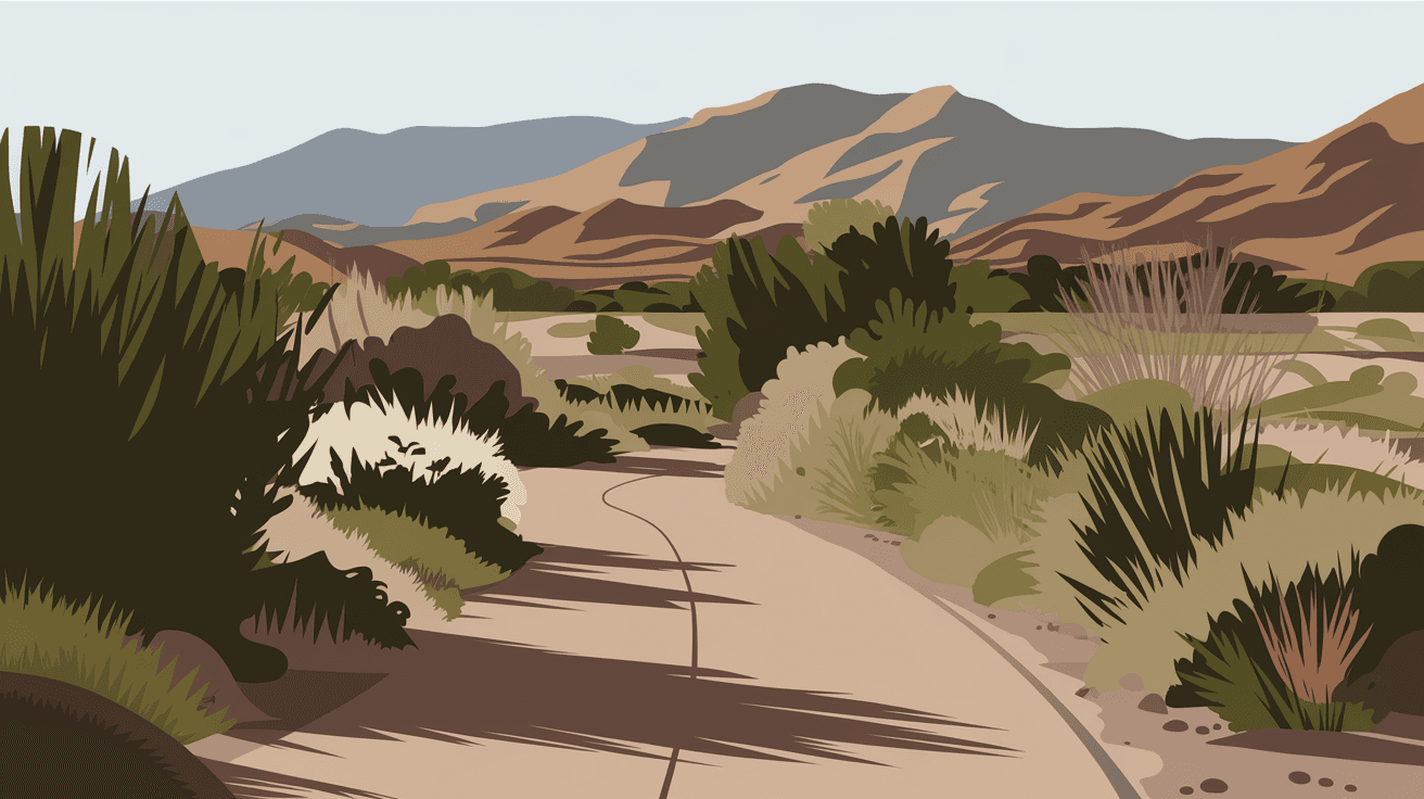 Paved arroyo trail winding through desert scrub vegetation in the Taylor Ranch area of Albuquerque's West Side, with late afternoon golden light casting long shadows and the Sandia Mountains visible in the distance