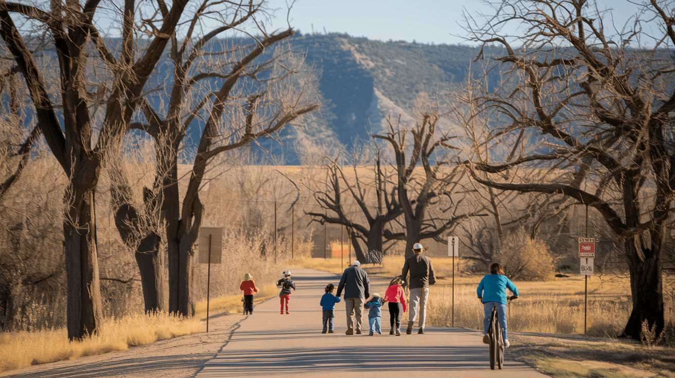Families enjoying a sunny afternoon on the paved Paseo del Bosque Trail near Taylor Ranch, with Rio Grande cottonwood trees lining the path and the West Mesa volcanic escarpment visible in the background