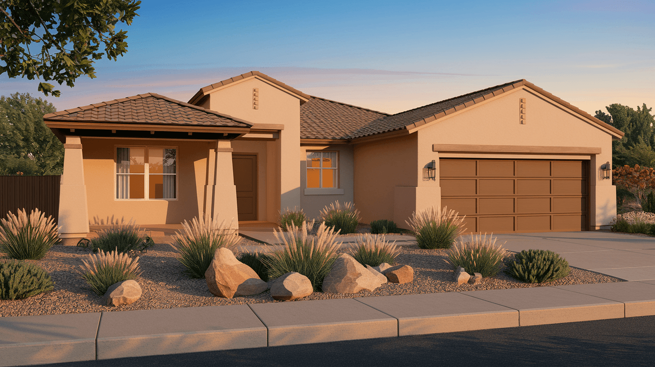 A well-maintained stucco home in Taylor Ranch Albuquerque with a two-car garage, desert landscaping with ornamental grasses and river rock, and a covered front porch in warm afternoon light