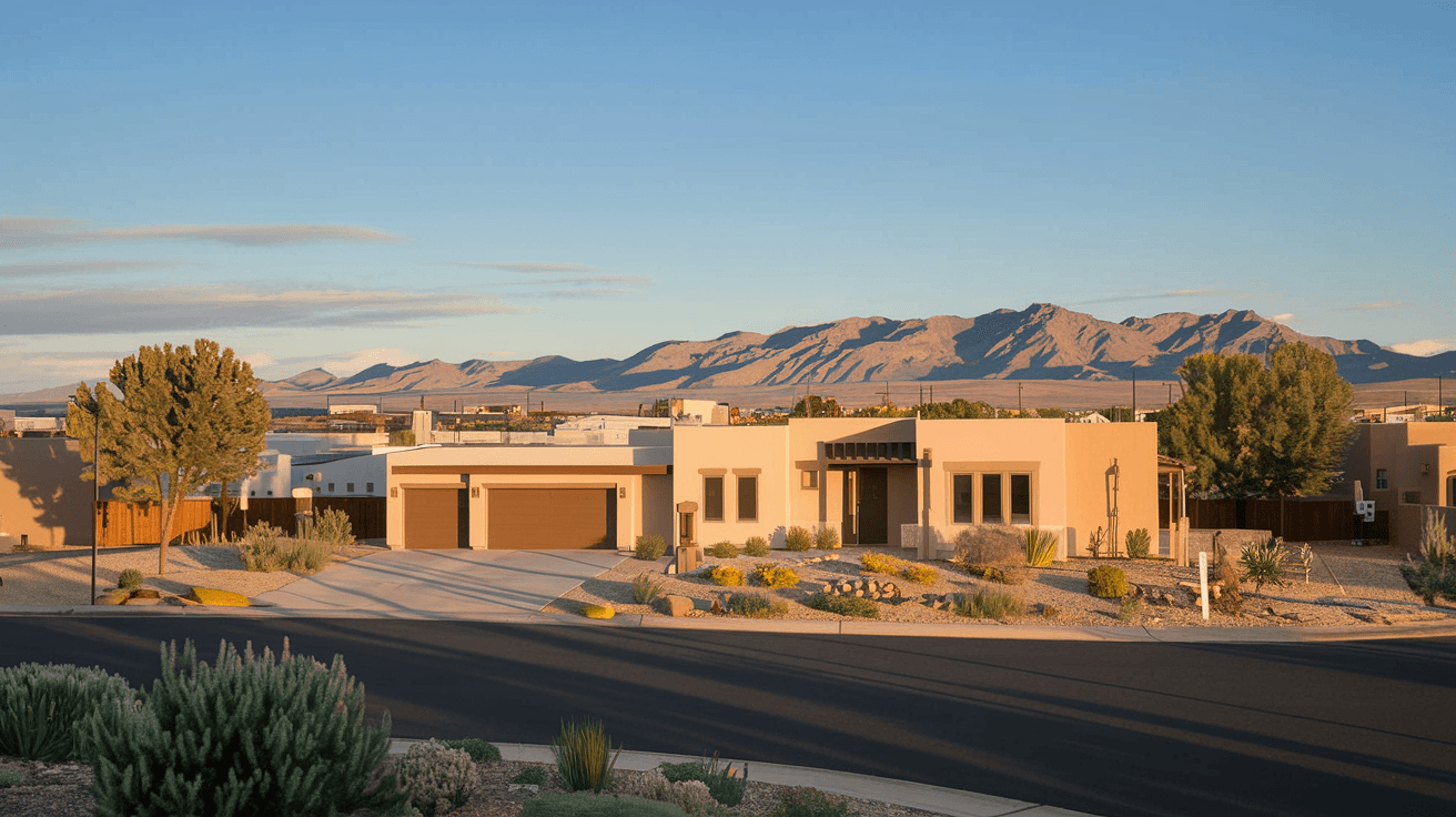 A sunlit new construction neighborhood in Albuquerque's Westside with the Sandia Mountains in the background and a model home with desert landscaping in the foreground