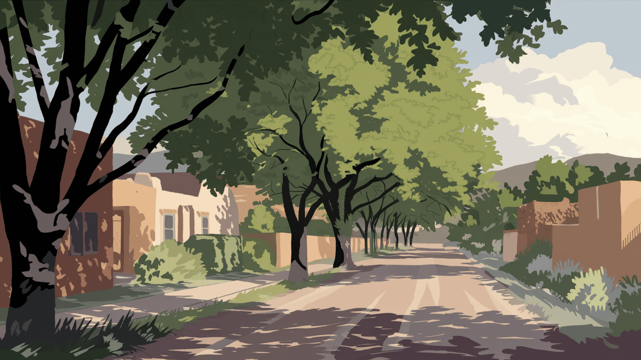 A quiet tree-lined street in Albuquerque's North Valley with traditional adobe homes, lush cottonwood trees, and an irrigation acequia running alongside a gravel road in soft afternoon light