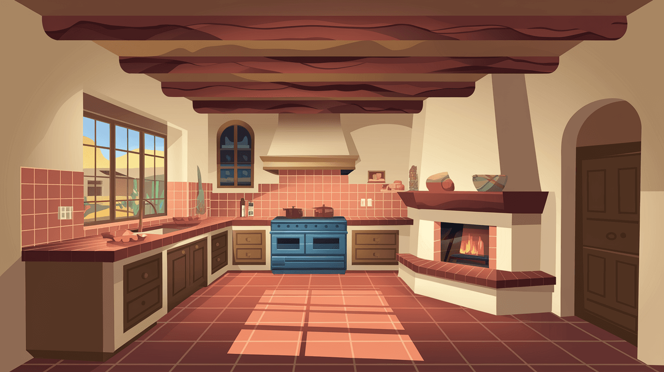 A warm-toned kitchen interior of a newly purchased Albuquerque home with terracotta tile floors, kiva fireplace in the corner, wooden vigas on the ceiling, and soft natural light coming through a window overlooking a desert garden