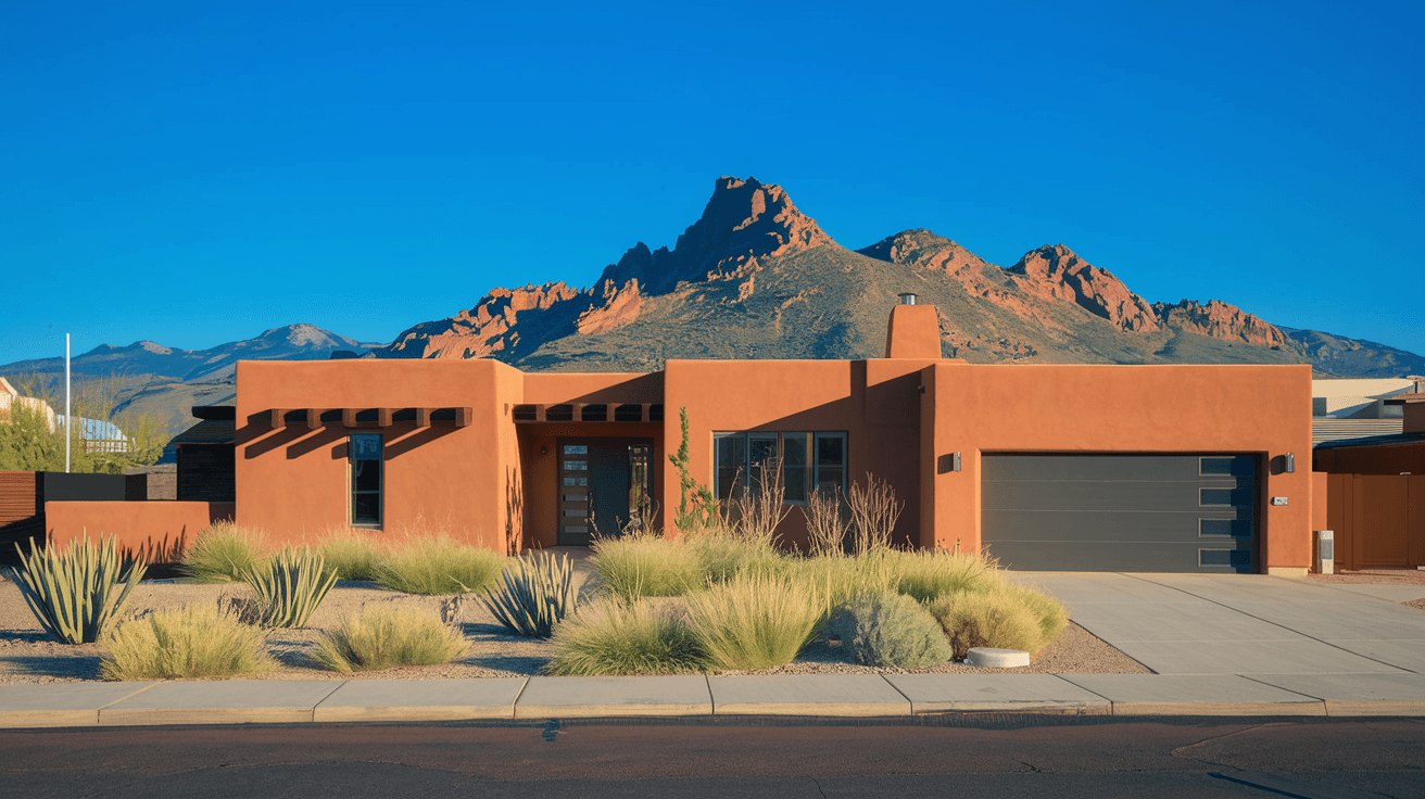 A modern adobe-style home in Albuquerque's High Desert neighborhood with terracotta walls, a xeriscaped front yard of native grasses and desert plants, and the Sandia Mountains rising sharply behind it under a vivid blue New Mexico sky