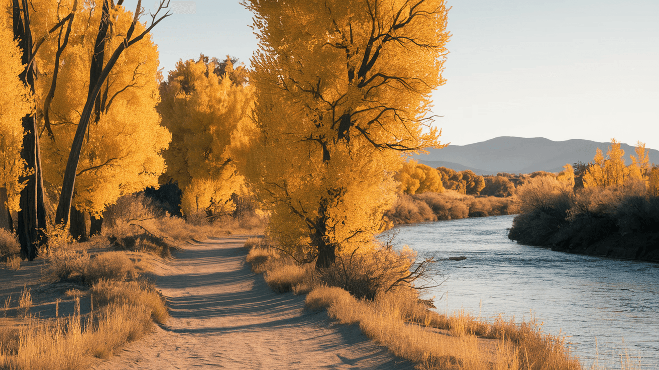 The Paseo del Bosque Trail winding through golden cottonwood trees along the Rio Grande on a clear autumn morning, with the Sandia Mountains visible in the distance