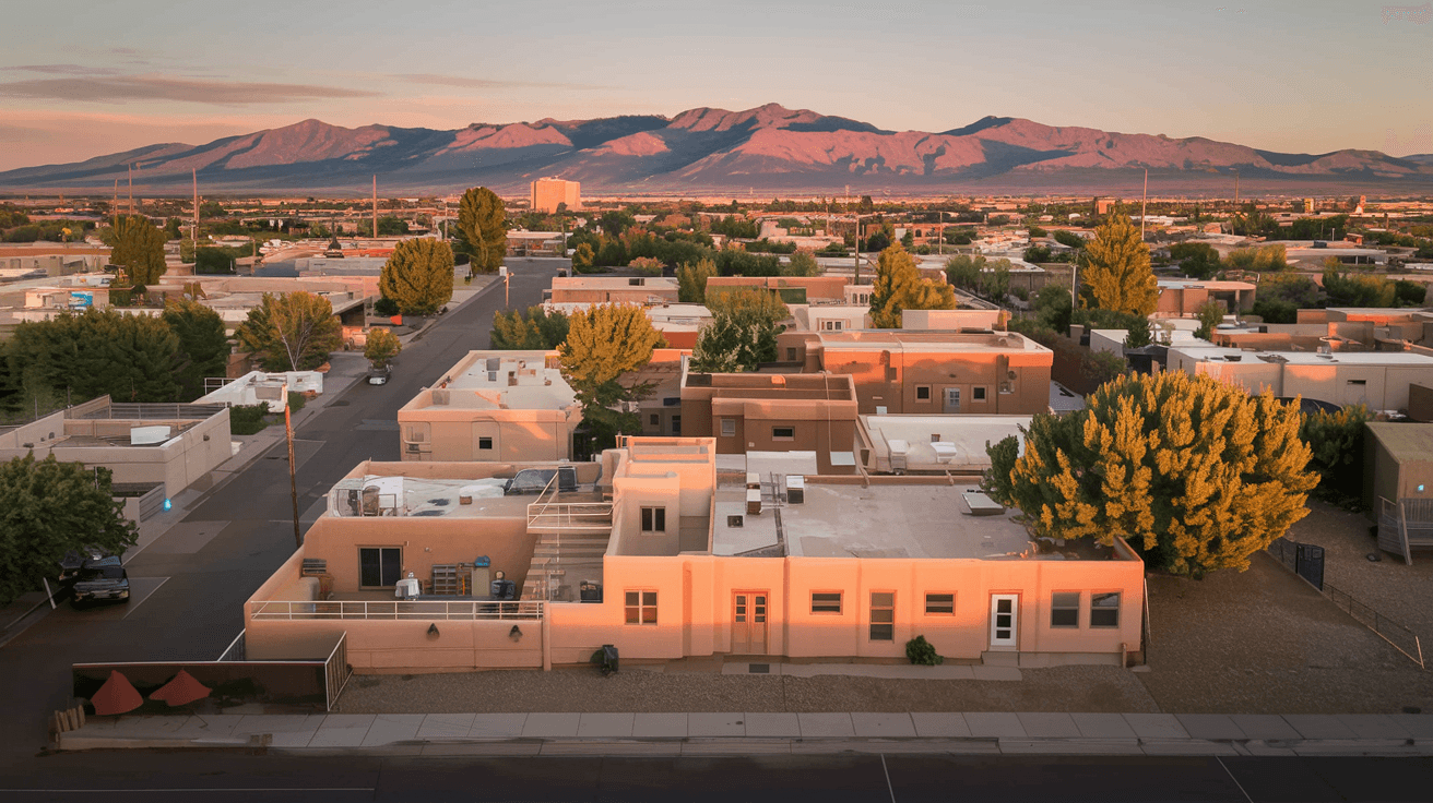Aerial view of an Albuquerque neighborhood at golden hour with the Sandia Mountains glowing pink in the background and adobe rooftops stretching toward the horizon