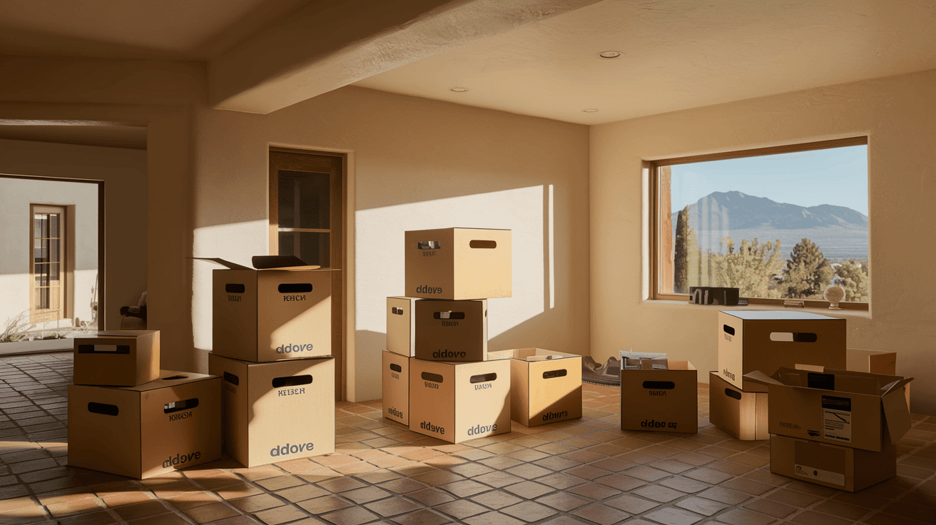 A couple's moving boxes stacked in the bright, sunlit living room of a newly purchased adobe-style Albuquerque home with terracotta tile floors and a mountain view through the window