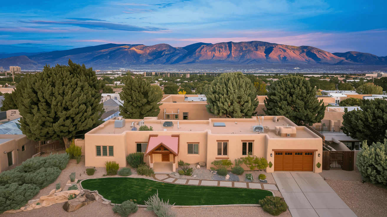 Aerial view of a well-maintained adobe-style home in Albuquerque's Northeast Heights neighborhood with the Sandia Mountains in the background under a vivid blue sky
